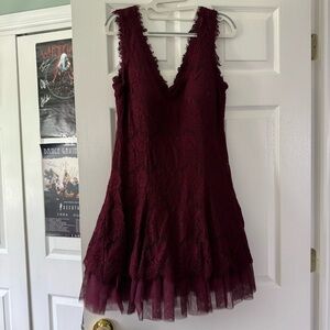 Betsy & Adam Wine Red Lace Overlay Tulle Fit & Flare Party Dress 🍷